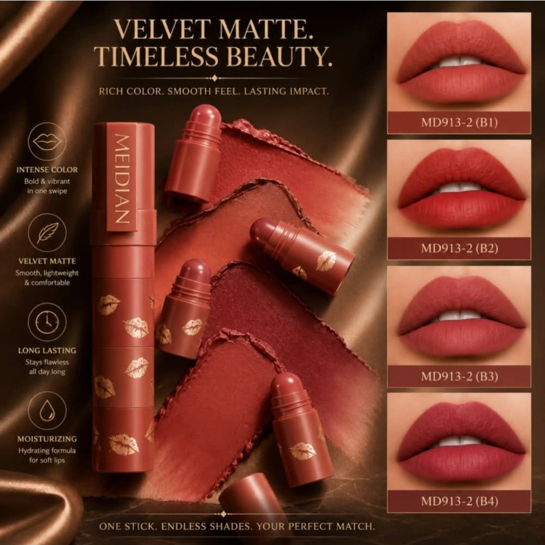 4-in-1 Matte Velvet Lipstick by MD913 - Soft Pink & Red Line Shades, Long-Lasting