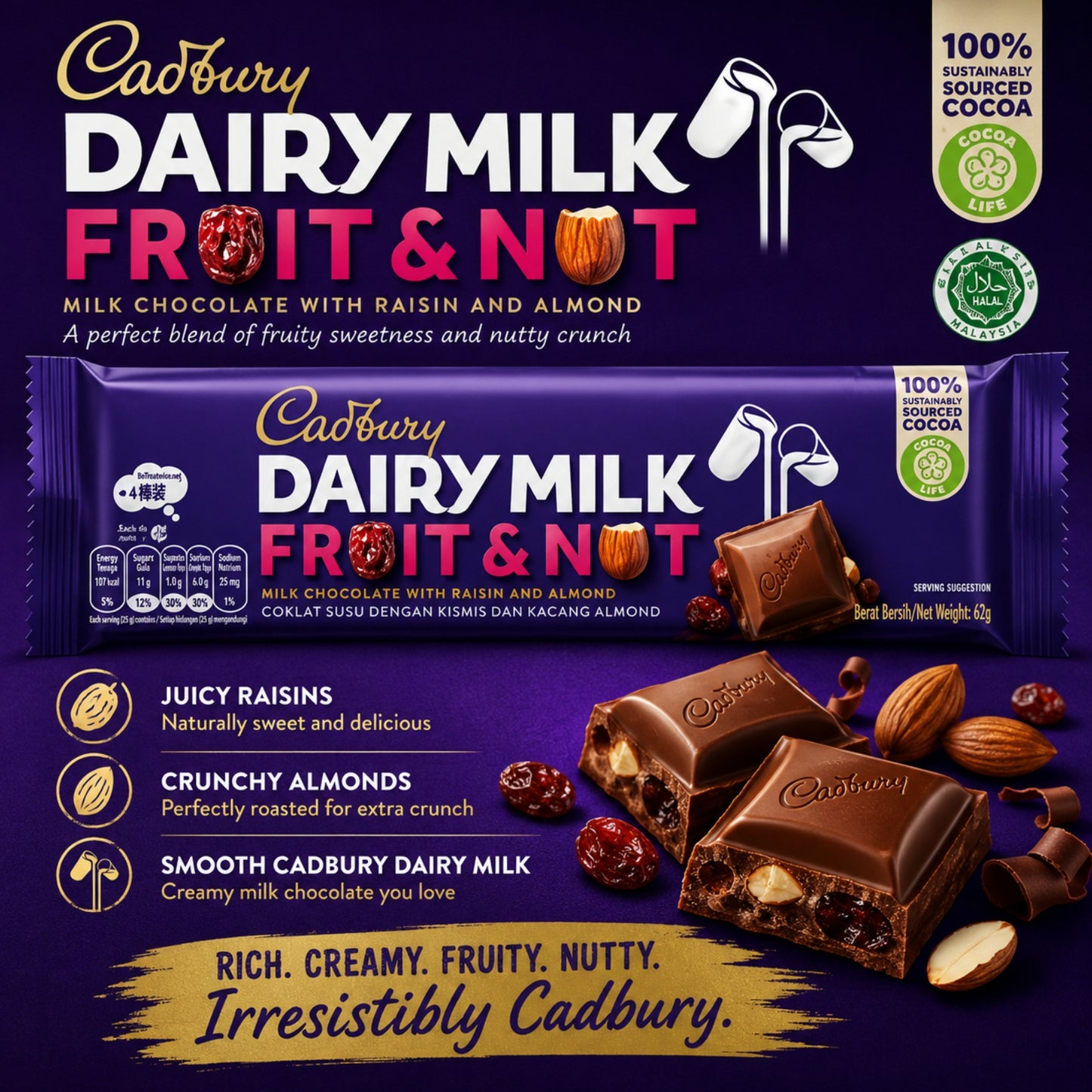 Cadbury Dairy Milk Fruit & Nut Chocolate Bar, 32g