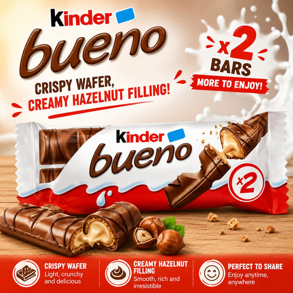 Kinder Bueno Milk Chocolate Bar in Wafer with Hazelnut Cream, 43g