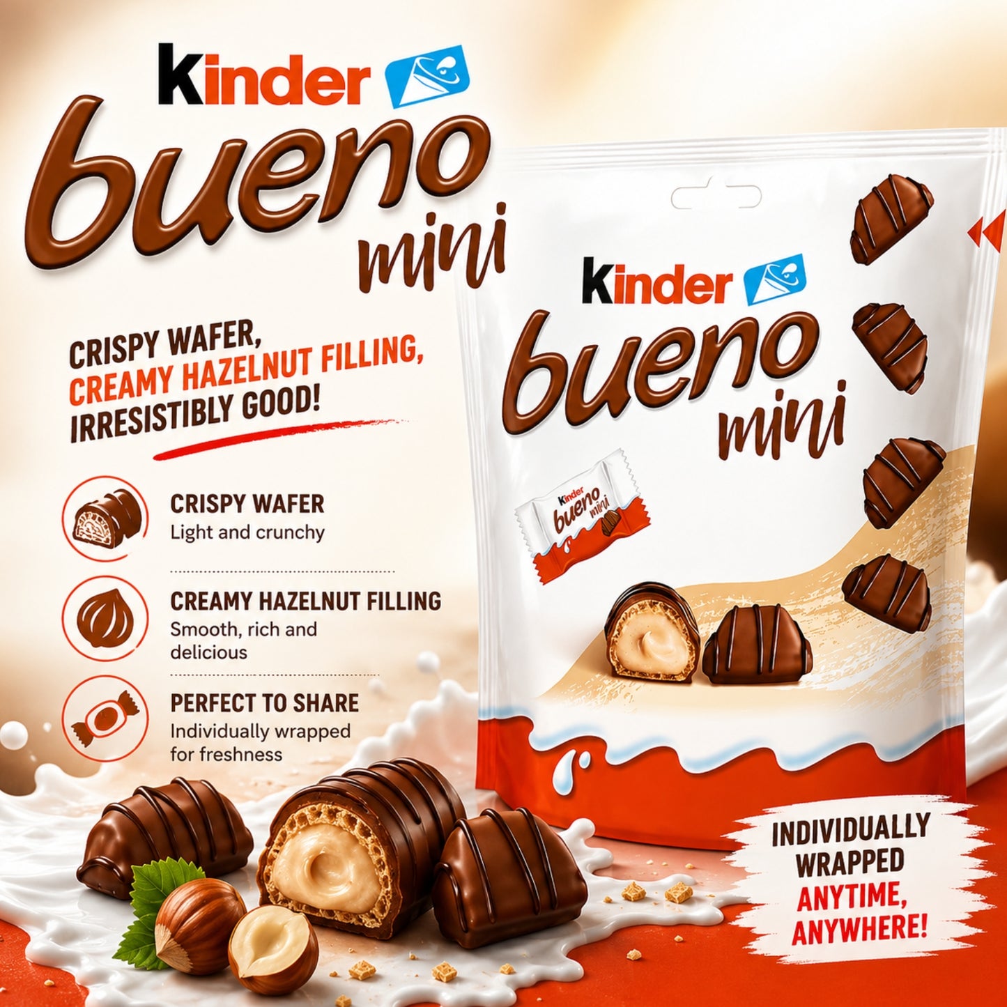 Kinder Bueno Mini Milk Chocolate Bars in Wafer with Hazelnut Cream, 108g